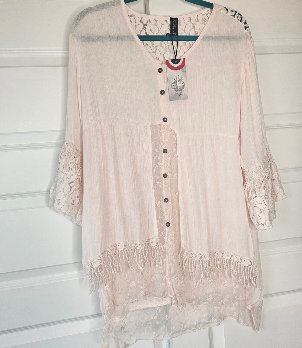 NWT Sacred Threads Boho Lace Trim Fringe Tunic Top Pink S/M Festival New
